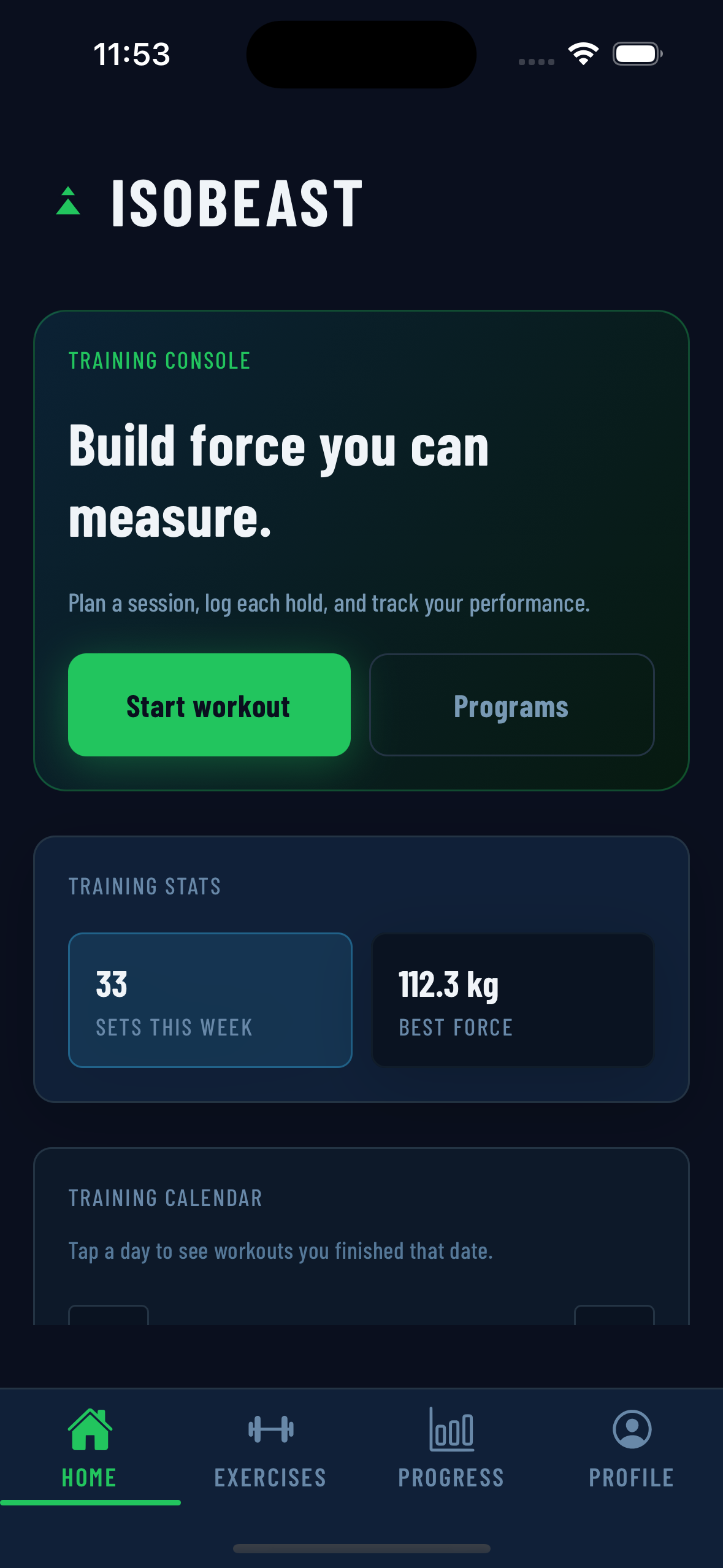 Home screen with today's session
