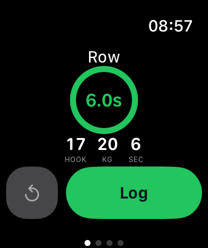 Apple Watch showing an active isometric hold with a completed timer ring and Log button